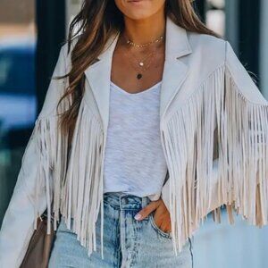 Boho Fringed Faux Suede Moto Jacket- Cream